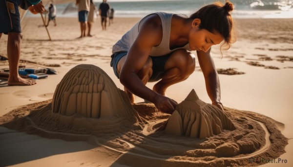 1girl,brown hair,shirt,black hair,1boy,closed mouth,white shirt,male focus,outdoors,multiple boys,shorts,barefoot,sleeveless,solo focus,day,dark skin,water,blurry,muscular,blurry background,ocean,beach,looking down,black shorts,sandals,squatting,dark-skinned male,tank top,child,blue shorts,realistic,sand,male child,white tank top,stick,sand sculpture,sand castle,short hair,holding,closed eyes,hair bun,bare arms,sleeveless shirt,depth of field,single hair bun,shell,topknot,seashell,people