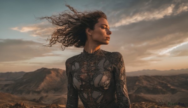 1girl,solo,long hair,breasts,brown hair,black hair,jewelry,medium breasts,closed eyes,upper body,earrings,outdoors,sky,cloud,dark skin,dark-skinned female,lips,bodysuit,floating hair,cloudy sky,wind,curly hair,mountain,realistic,nose,dreadlocks,looking away