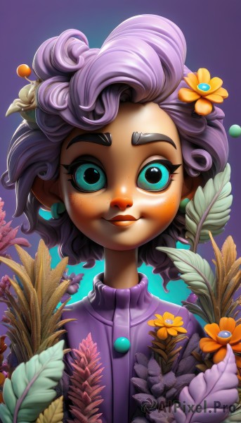 1girl,solo,looking at viewer,smile,short hair,blue eyes,hair ornament,jewelry,closed mouth,upper body,purple hair,flower,earrings,artist name,hair flower,dark skin,aqua eyes,sweater,dark-skinned female,gradient,gradient background,eyelashes,makeup,buttons,leaf,watermark,thick eyebrows,plant,freckles,purple background,curly hair,lips,turtleneck,child,web address