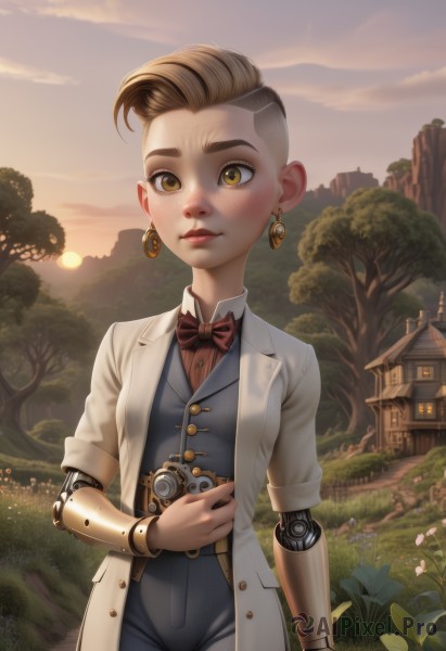 1girl,solo,looking at viewer,short hair,brown hair,bow,holding,brown eyes,jewelry,standing,yellow eyes,flower,earrings,outdoors,parted lips,sky,pants,bowtie,vest,red bow,tree,lips,coat,grass,building,freckles,sunset,camera,labcoat,sun,mechanical arms,house,single mechanical arm,prosthesis,holding camera,shirt,cloud,thick eyebrows,nature,scenery,cyborg,prosthetic arm