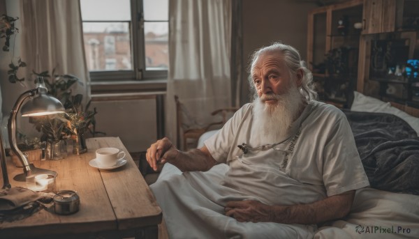 solo,shirt,1boy,jewelry,sitting,white shirt,white hair,short sleeves,male focus,indoors,necklace,blurry,cup,pillow,book,window,bed,bed sheet,facial hair,on bed,chair,table,plant,curtains,beard,teacup,realistic,mustache,blanket,lamp,photo (object),bedroom,under covers,old,saucer,old man,arm hair,desk lamp,looking at viewer,closed mouth,flower,lying,day,scar,t-shirt,coffee,wrinkled skin