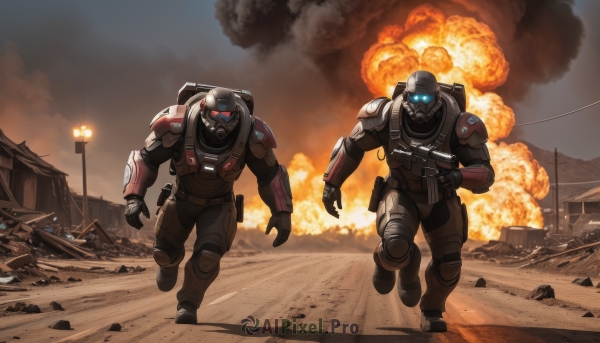 blue eyes,red eyes,1boy,weapon,male focus,outdoors,multiple boys,2boys,bag,armor,gun,military,glowing,helmet,crossover,robot,ground vehicle,building,holding gun,glowing eyes,motor vehicle,rifle,smoke,walking,science fiction,running,road,assault rifle,explosion,power lines,lamppost,explosive,power armor,debris,soldier,fleeing,dust,chasing,body armor,gloves,holding,sky,holding weapon,fire,shoulder armor,mecha,military vehicle,car,destruction,radio antenna