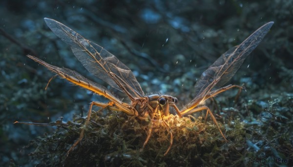 outdoors, wings, blurry, tree, no humans, bug, flying, realistic, insect wings