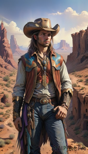 solo,long hair,brown hair,shirt,black hair,long sleeves,1boy,hat,brown eyes,jewelry,closed mouth,standing,white shirt,weapon,male focus,cowboy shot,outdoors,open clothes,sky,day,belt,pants,cloud,necklace,vest,blue sky,hand on hip,gun,looking to the side,facial hair,watermark,denim,building,beard,buckle,handgun,jeans,rock,belt buckle,mountain,realistic,brown headwear,blue pants,brown belt,bracer,holster,cowboy hat,revolver,brown vest,desert,cowboy western,holstered weapon,parted lips,lips,cloudy sky,sheath,web address,sheathed,looking afar,open vest,cliff