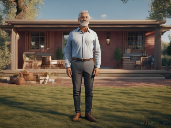 solo,looking at viewer,shirt,long sleeves,1boy,hat,standing,full body,white shirt,white hair,male focus,outdoors,sky,shoes,day,collared shirt,belt,pants,tree,facial hair,chair,brown footwear,black pants,table,building,beard,realistic,mustache,arms at sides,brown belt,house,old,old man,wrinkled skin,holding,food,blurry,blue sky,window,dress shirt,shadow,phone,cellphone,grass,dog,bench,bald,bread,cart