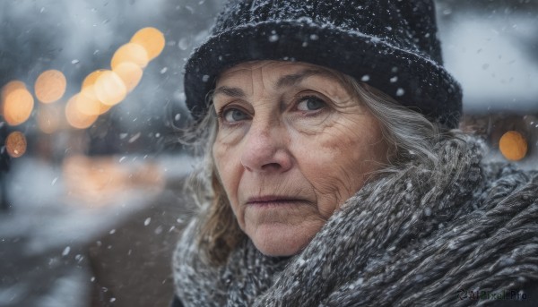 1girl,solo,long hair,looking at viewer,hat,closed mouth,white hair,outdoors,solo focus,scarf,blurry,lips,grey eyes,black headwear,depth of field,blurry background,portrait,snow,snowing,realistic,nose,old,winter,fur hat,old woman,grey hair,signature,black eyes,coat,fur trim,scar,old man,wrinkled skin