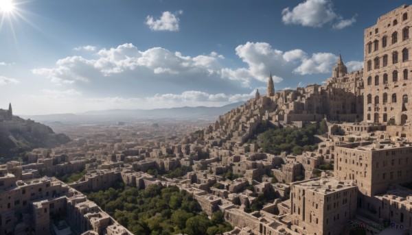 outdoors,sky,day,cloud,tree,blue sky,no humans,sunlight,cloudy sky,building,nature,scenery,mountain,city,sun,cityscape,castle,tower,landscape,ocean,forest,horizon