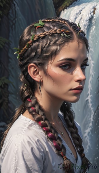 1girl,solo,long hair,looking at viewer,blue eyes,brown hair,shirt,black hair,jewelry,white shirt,upper body,braid,multicolored hair,parted lips,artist name,water,necklace,blurry,twin braids,lips,wet,grey eyes,eyelashes,blurry background,watermark,portrait,hair over shoulder,freckles,realistic,nose,head wreath,waterfall,multiple braids,breasts,hair ornament,closed mouth,short sleeves,earrings,small breasts,outdoors,from side,makeup,leaf,scar,sunlight,facepaint,mascara