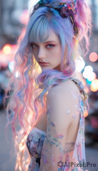 1girl,solo,long hair,breasts,looking at viewer,bangs,blue eyes,hair ornament,dress,bare shoulders,jewelry,medium breasts,closed mouth,blue hair,upper body,ponytail,pink hair,multicolored hair,earrings,small breasts,blurry,from side,lips,gradient hair,makeup,depth of field,blurry background,blue dress,eyeshadow,realistic,nose,flower,artist name,hair flower,blunt bangs,eyelashes,strapless,wavy hair,bokeh,mascara