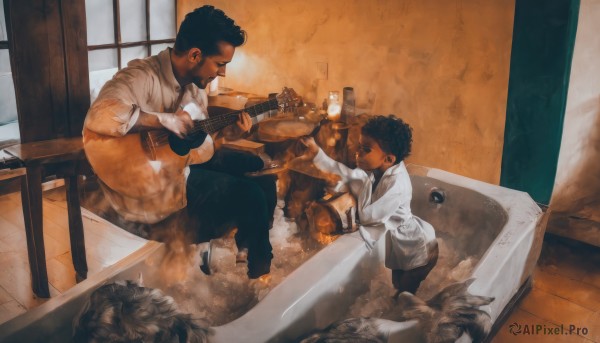 brown hair,shirt,black hair,sitting,male focus,multiple boys,indoors,dark skin,2boys,water,facial hair,dark-skinned male,instrument,child,music,guitar,bath,playing instrument,bathtub,afro,acoustic guitar,alcohol