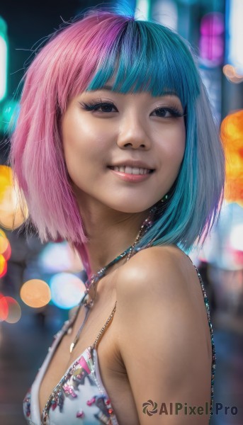 1girl,solo,breasts,looking at viewer,smile,short hair,bangs,cleavage,bare shoulders,jewelry,blue hair,swimsuit,upper body,pink hair,bikini,multicolored hair,small breasts,teeth,blunt bangs,necklace,grin,blurry,black eyes,two-tone hair,lips,eyelashes,aqua hair,makeup,depth of field,blurry background,bikini top only,realistic,split-color hair,blue eyes,black hair,parted lips,artist name,from side,watermark,white bikini,bob cut,web address,bokeh