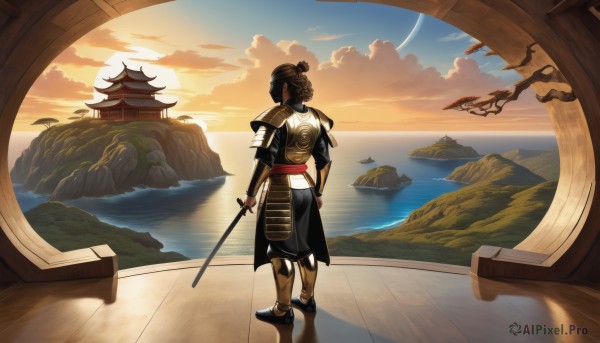 1girl,solo,black hair,1boy,holding,standing,full body,weapon,male focus,outdoors,sky,sword,cloud,water,hair bun,from behind,holding weapon,armor,tree,ocean,holding sword,single hair bun,katana,helmet,shoulder armor,sheath,scenery,reflection,sunset,mountain,sun,japanese armor,architecture,east asian architecture,orange sky,samurai,pagoda,chinese clothes,floating island