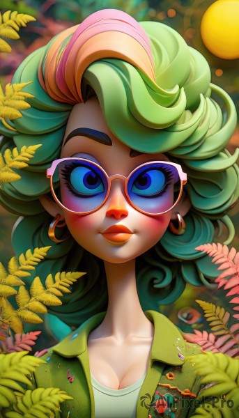 1girl,solo,long hair,breasts,looking at viewer,blush,smile,blue eyes,shirt,cleavage,jewelry,medium breasts,closed mouth,collarbone,jacket,white shirt,upper body,pink hair,flower,multicolored hair,earrings,green hair,glasses,artist name,blurry,two-tone hair,lips,streaked hair,makeup,leaf,watermark,sunglasses,plant,lipstick,eyeshadow,hoop earrings,green jacket,tinted eyewear,short hair,blonde hair,open clothes,collared shirt,open jacket,eyelashes,depth of field,portrait,lens flare,curly hair,round eyewear,flipped hair,print shirt,rainbow hair