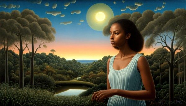 A serene sunset outdoors featuring a female