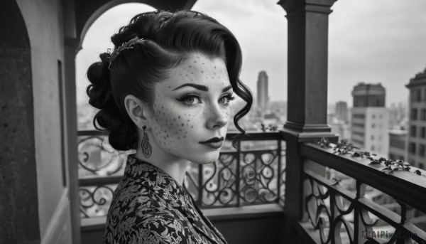 1girl,solo,looking at viewer,dress,jewelry,monochrome,upper body,greyscale,earrings,outdoors,parted lips,hair bun,blurry,from side,lips,makeup,blurry background,single hair bun,lipstick,building,portrait,freckles,city,realistic,railing,window,cityscape,updo,balcony