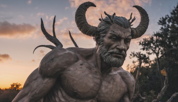 solo,looking at viewer,short hair,1boy,closed mouth,nipples,upper body,grey hair,male focus,outdoors,horns,sky,cloud,tree,muscular,facial hair,cloudy sky,pectorals,muscular male,demon horns,bara,beard,veins,topless male,mature male,mustache,old,old man,black hair,earrings,dark skin,dark-skinned male,sunset,branch,multiple horns,wrinkled skin