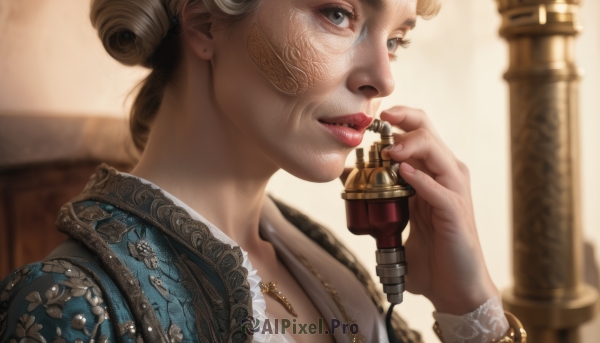 1girl,solo,looking at viewer,blue eyes,blonde hair,holding,jewelry,parted lips,tongue,necklace,hair bun,blurry,bracelet,lips,grey eyes,makeup,depth of field,blurry background,phone,single hair bun,lipstick,portrait,realistic,nose,talking on phone,eyelashes,profile,close-up