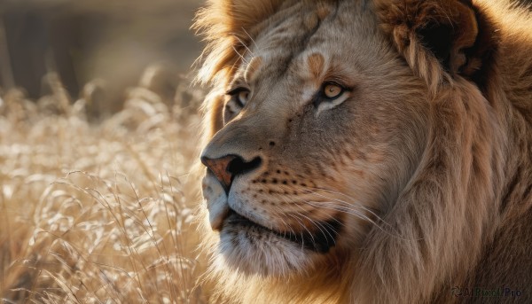 solo,closed mouth,yellow eyes,outdoors,signature,blurry,no humans,animal,cat,grass,looking up,portrait,realistic,animal focus,whiskers,tiger,lion,blurry background,close-up