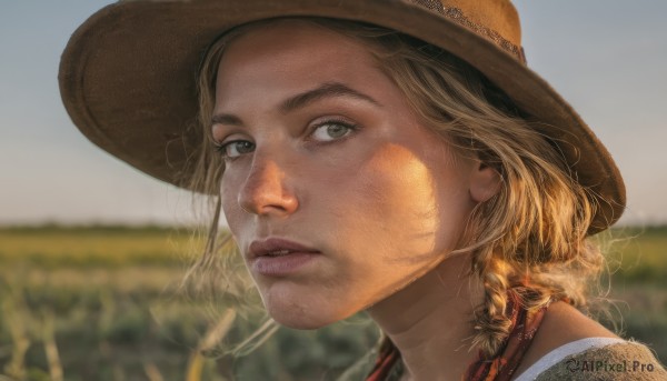 1girl,solo,long hair,looking at viewer,blonde hair,shirt,hat,braid,outdoors,parted lips,day,blurry,lips,grey eyes,depth of field,blurry background,portrait,freckles,realistic,nose,brown headwear,straw hat,cowboy hat,brown eyes,sky,eyelashes,sunlight,close-up,field