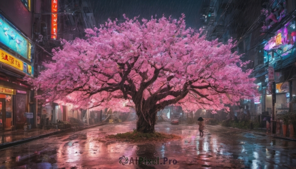 1girl, holding, outdoors, tree, dutch angle, night, umbrella, cherry blossoms, building, scenery, reflection, rain, holding umbrella, city, sign, road, street, puddle, neon lights, crosswalk