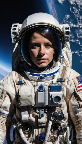 1girl,solo,looking at viewer,brown hair,black hair,1boy,brown eyes,upper body,lips,helmet,science fiction,realistic,space,planet,earth (planet),american flag,spacesuit,japanese flag,astronaut,male focus,reflection,space helmet,united states