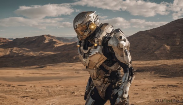 solo,1boy,standing,weapon,male focus,outdoors,sky,day,cloud,armor,from side,gun,no humans,helmet,cloudy sky,robot,mecha,science fiction,mountain,realistic,looking ahead,mountainous horizon,power armor,desert,humanoid robot,cowboy shot,blue sky,glowing,cyborg