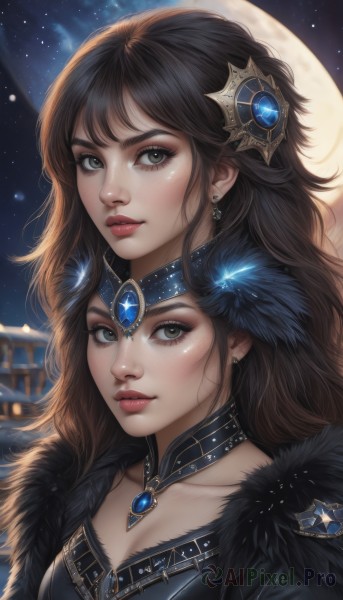 1girl,long hair,breasts,looking at viewer,bangs,multiple girls,brown hair,black hair,hair ornament,2girls,cleavage,brown eyes,jewelry,medium breasts,closed mouth,collarbone,upper body,earrings,sky,choker,artist name,signature,blurry,lips,grey eyes,fur trim,eyelashes,makeup,night,moon,feathers,brooch,gem,portrait,star (sky),night sky,full moon,dual persona,starry sky,freckles,realistic,nose,red lips,feather trim,solo,blush,outdoors,parted lips,necklace,lipstick,building,pendant,eyeshadow,fur collar,eyeliner,feather hair ornament,architecture,east asian architecture