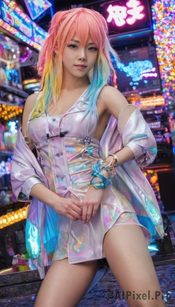 1girl,solo,long hair,breasts,looking at viewer,bangs,blonde hair,dress,bare shoulders,jewelry,medium breasts,closed mouth,blue hair,standing,jacket,pink hair,multicolored hair,cowboy shot,earrings,sleeveless,dark skin,off shoulder,black eyes,bracelet,dark-skinned female,lips,see-through,gradient hair,short dress,piercing,realistic,neon lights,cleavage,swimsuit,bikini,wet