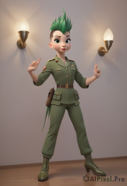 1girl,solo,looking at viewer,smile,short hair,1boy,green eyes,standing,full body,male focus,multicolored hair,boots,green hair,teeth,belt,pants,uniform,two-tone hair,military,military uniform,sleeves rolled up,brown background,pocket,pouch,green jacket,red lips,undercut,belt pouch,green footwear,green pants,mohawk,light bulb,artist name,realistic