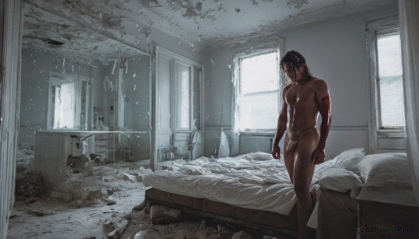 solo,long hair,bangs,black hair,1boy,navel,closed mouth,underwear,nipples,standing,collarbone,male focus,indoors,pillow,window,bed,muscular,on bed,chair,abs,table,underwear only,pectorals,curtains,muscular male,scenery,male pubic hair,bulge,topless male,arms at sides,male underwear,bedroom,ruins,short hair,closed eyes,nude,penis,day,pubic hair,completely nude,facial hair,looking down,sunlight,beard,toned,flaccid