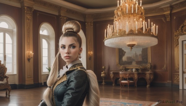 1girl,solo,long hair,looking at viewer,blue eyes,blonde hair,brown hair,long sleeves,dress,jewelry,upper body,earrings,indoors,hair bun,lips,ascot,window,chair,table,single hair bun,scenery,reflection,realistic,lamp,candle,architecture,hair pulled back,picture frame,painting (object),carpet,candlestand,chandelier,breasts,medium breasts,day,looking to the side,makeup,plant,hair over shoulder,nose,topknot,vase,piano,updo