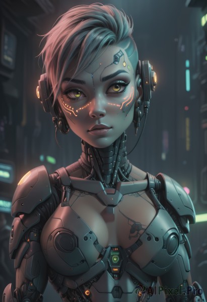 1girl,solo,breasts,looking at viewer,short hair,cleavage,medium breasts,closed mouth,green eyes,yellow eyes,upper body,pink hair,artist name,armor,blurry,lips,eyelashes,bodysuit,tattoo,makeup,blurry background,glowing,headgear,facial mark,breasts apart,eyeshadow,freckles,science fiction,asymmetrical hair,nose,android,eyeliner,joints,cable,undercut,cyborg,robot joints,neon trim,mascara,cyberpunk,mechanical parts,brown hair,black hair,brown eyes,parted lips,expressionless,backlighting,realistic