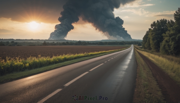 outdoors,sky,day,cloud,tree,no humans,sunlight,cloudy sky,grass,nature,scenery,forest,smoke,sunset,mountain,sun,road,bush,landscape,path,field