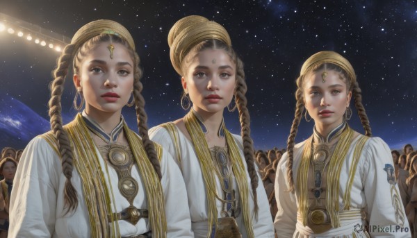 long hair,looking at viewer,multiple girls,brown hair,black hair,long sleeves,brown eyes,jewelry,closed mouth,upper body,braid,earrings,parted lips,multiple boys,sky,necklace,hair bun,twin braids,lips,4girls,makeup,night,lipstick,gem,star (sky),night sky,starry sky,gold trim,robe,hoop earrings,forehead mark,realistic,red lips,space,multiple braids,blonde hair,hair ornament,6+girls,facial mark,single hair bun,multiple others,forehead jewel,crowd