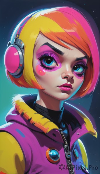 1girl,solo,looking at viewer,short hair,bangs,blue eyes,blonde hair,jacket,upper body,pink hair,multicolored hair,teeth,artist name,orange hair,vest,two-tone hair,lips,gradient,eyelashes,makeup,swept bangs,turtleneck,headphones,bob cut,thick eyebrows,lipstick,portrait,eyeshadow,zipper,high collar,pink lips,nose,eyeliner,pink jacket,badge,mascara,button badge,pink eyeshadow,facepaint