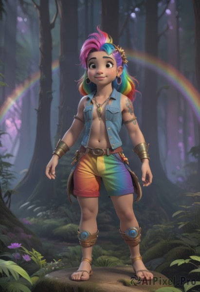 1girl,solo,long hair,breasts,looking at viewer,smile,hair ornament,navel,brown eyes,jewelry,standing,full body,pink hair,purple hair,flower,multicolored hair,earrings,small breasts,outdoors,green hair,open clothes,shorts,belt,hair flower,dark skin,necklace,black eyes,vest,flat chest,bracelet,two-tone hair,dark-skinned female,tree,tattoo,toes,sandals,child,nature,web address,armlet,forest,personification,freckles,hoop earrings,anklet,rainbow,open vest,rainbow hair,shirt,bare shoulders,blue hair,collarbone,parted lips,teeth,sleeveless,day,artist name,mole,blurry,lips,mole under eye,open shirt,no bra,gradient hair,leaf,piercing,sunlight,grass,aged down,feathers,pocket,unbuttoned,breast pocket,bracer,arm tattoo,nose piercing