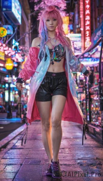 1girl,solo,long hair,breasts,looking at viewer,bangs,blue eyes,gloves,navel,cleavage,jewelry,medium breasts,standing,jacket,full body,pink hair,multicolored hair,outdoors,parted lips,open clothes,shoes,shorts,midriff,fingerless gloves,necklace,off shoulder,nail polish,blurry,bracelet,two-tone hair,lips,coat,see-through,short shorts,blurry background,black shorts,cherry blossoms,sneakers,realistic,street,neon lights,long sleeves,bare shoulders,earrings,black footwear,open jacket,crop top,fingernails,legs,sleeves past wrists,bare legs,tattoo,gradient hair,night,depth of field,bike shorts,building,pink nails,walking,city,purple nails,road,cable,pink jacket,city lights,cyberpunk,pavement,nike,crosswalk