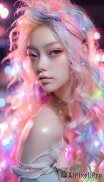 1girl,solo,long hair,looking at viewer,blue eyes,blonde hair,bare shoulders,jewelry,upper body,pink hair,multicolored hair,earrings,artist name,necklace,blurry,from side,lips,makeup,wavy hair,realistic,nose,dress,closed mouth,parted lips,looking to the side,eyelashes,depth of field,watermark,gem,portrait,eyeshadow,bokeh,mascara