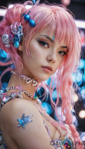 1girl,solo,long hair,breasts,looking at viewer,bangs,blue eyes,hair ornament,bare shoulders,jewelry,upper body,pink hair,parted lips,choker,artist name,necklace,blurry,black eyes,from side,lips,grey eyes,eyelashes,makeup,depth of field,blurry background,gem,eyeshadow,freckles,beads,realistic,nose,pearl necklace,mascara,cleavage,medium breasts,braid,heart,pink lips,hair beads,pearl (gemstone),diamond (gemstone),shell hair ornament