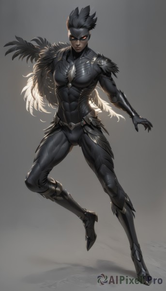 1girl,solo,looking at viewer,short hair,black hair,red eyes,1boy,closed mouth,standing,full body,male focus,thighs,dark skin,grey background,armor,dark-skinned female,bodysuit,mask,muscular,glowing,abs,dark-skinned male,feathers,glowing eyes,skin tight,black bodysuit,black skin,simple background,gloves,boots,wings,orange eyes,shadow,facial mark,spiked hair,armored boots,very short hair,feather trim,black feathers