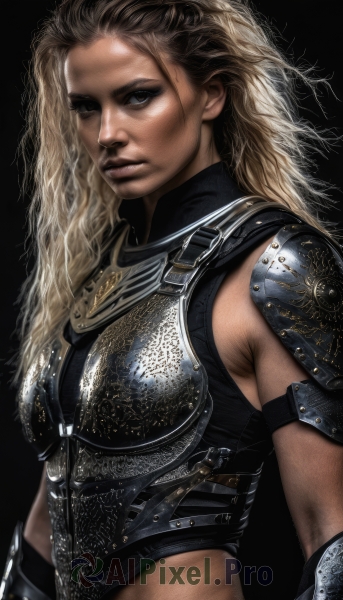 1girl,solo,long hair,looking at viewer,blue eyes,blonde hair,simple background,brown eyes,closed mouth,upper body,midriff,dark skin,armor,lips,black background,shoulder armor,pauldrons,breastplate,realistic,nose,breasts,curly hair