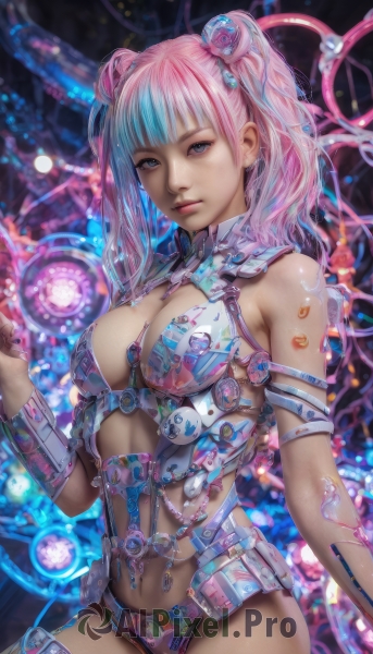 1girl,solo,long hair,breasts,looking at viewer,bangs,blue eyes,large breasts,hair ornament,navel,cleavage,twintails,medium breasts,blue hair,pink hair,multicolored hair,two-tone hair,lips,revealing clothes,science fiction,realistic,thighhighs,nail polish,watermark,piercing,web address,navel piercing