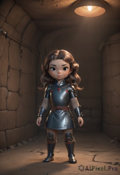 1girl,solo,long hair,looking at viewer,brown hair,brown eyes,closed mouth,standing,full body,boots,belt,indoors,armor,black eyes,lips,wavy hair,thick eyebrows,aged down,shoulder armor,child,curly hair,breastplate,vambraces,female child,armored boots,knee pads,greaves,weapon,artist name,forehead,arms at sides