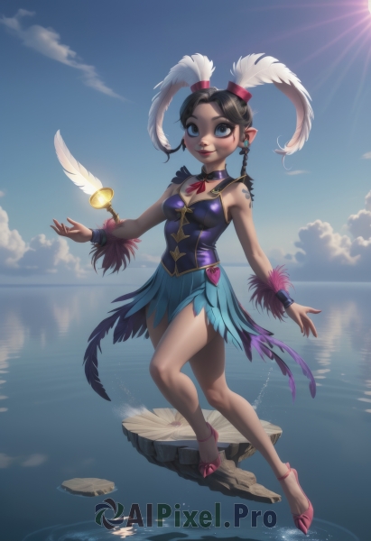 1girl,solo,long hair,breasts,looking at viewer,smile,blue eyes,skirt,black hair,hair ornament,dress,cleavage,bare shoulders,twintails,jewelry,medium breasts,full body,braid,earrings,small breasts,outdoors,sky,shoes,day,pointy ears,cloud,water,twin braids,blue sky,lips,blue skirt,wrist cuffs,makeup,detached collar,ocean,feathers,lipstick,floating,reflection,rock,sun,pink footwear,feather hair ornament,balancing,hat,choker,high heels,tattoo,facial mark