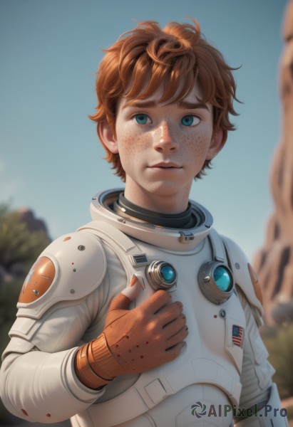 solo,looking at viewer,short hair,blue eyes,brown hair,gloves,1boy,closed mouth,upper body,male focus,outdoors,sky,day,orange hair,armor,blurry,blue sky,lips,blood,blurry background,freckles,science fiction,realistic,nose,helmet removed,spacesuit,astronaut,bodysuit,pilot suit,dirty