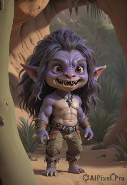 solo,long hair,looking at viewer,smile,open mouth,red eyes,1boy,navel,brown eyes,jewelry,standing,full body,purple hair,male focus,earrings,outdoors,barefoot,teeth,pointy ears,belt,pants,necklace,tree,muscular,colored skin,fangs,abs,grass,pectorals,sharp teeth,nature,forest,topless male,purple skin,fewer digits,goblin,yordle,tooth necklace,black hair,nipples,artist name,signature,chibi,bracelet,muscular male,blue skin,monster boy,tusks