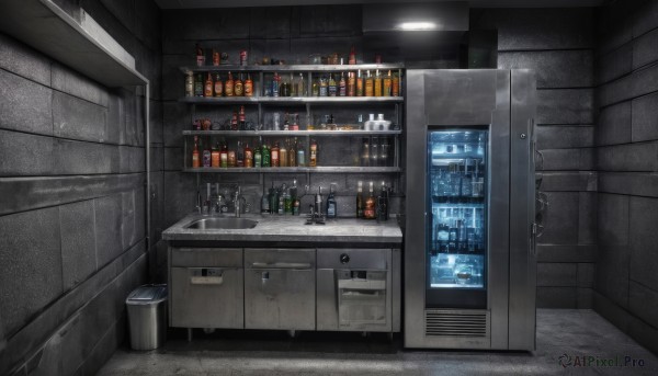 indoors,cup,no humans,bottle,scenery,alcohol,drinking glass,door,shelf,wine bottle,bar (place),sink,counter,ceiling light,refrigerator,box,ice,can,tiles,bucket,tile floor,tile wall,kitchen,trash can,faucet,cabinet