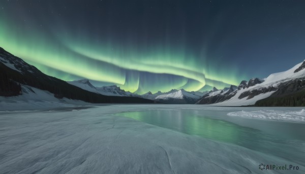 outdoors,sky,water,no humans,night,star (sky),nature,night sky,scenery,forest,starry sky,reflection,mountain,river,landscape,mountainous horizon,lake,aurora,signature,snow