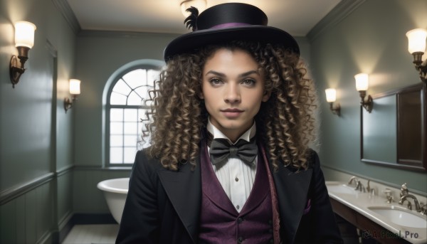 solo,long hair,looking at viewer,smile,brown hair,shirt,1boy,hat,bow,brown eyes,closed mouth,jacket,white shirt,upper body,male focus,collared shirt,indoors,bowtie,vest,lips,black jacket,window,black headwear,black bow,formal,suit,curly hair,black bowtie,top hat,realistic,lamp,traditional bowtie,purple vest,tuxedo,1girl,dress shirt,parody,reflection,mirror,chandelier