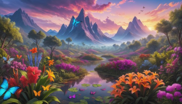 A majestic sunset outdoors featuring a butterfly
